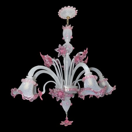 Lampadario in vetro di Murano bianco con dettagli e fiori rosa