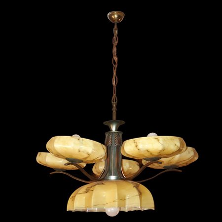 Lampadario Art Decò in vetro beige e metallo, 1930s