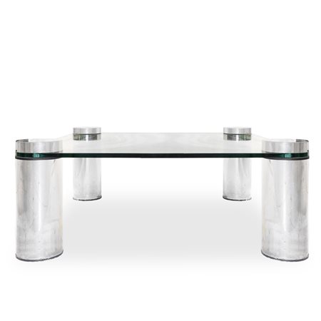 Tavolo basso con piano in vetro trasparente e 4 piedi circolari in metallo cromato argentato