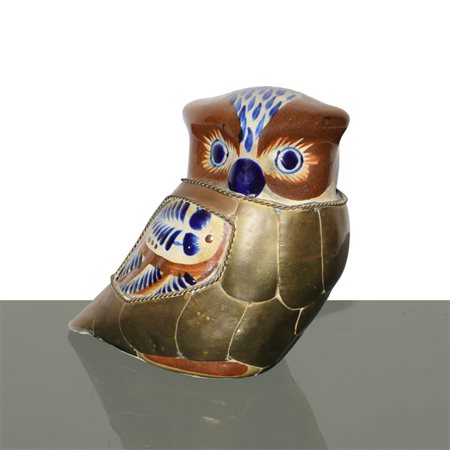 Sergio  Bustamante (Culiacan 1949)  - Gufo in ceramica su ottone dorato