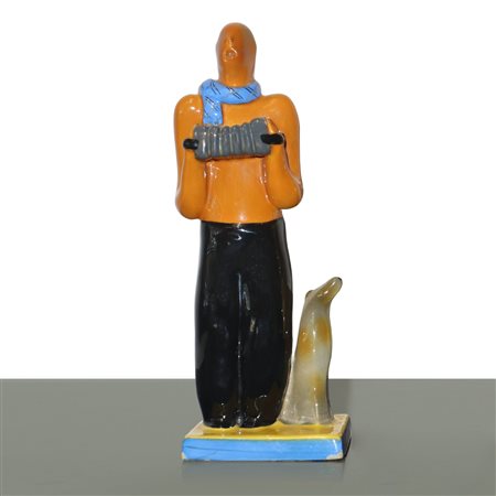 Rometti Umbertide  Ceramiche - Uomo con fisarmonica e cane, figurina in terracotta modellata a stampo smaltata policroma