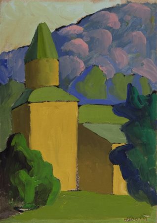 SALVO (1947-) Chiesa tra le montagne 1994olio su carta intelata cm...