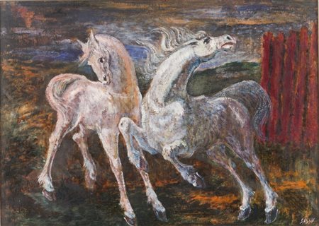 ALIGI SASSU (1912-2000) Cavalli Bianchi 1959olio su tela cm 49x69firmato in...