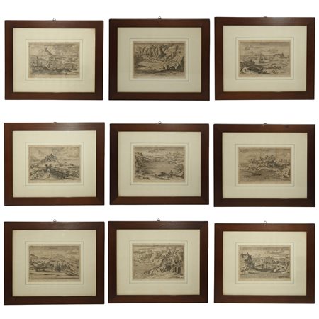 N°9 stampe in bianco e nero raffiguranti scene paesaggistiche