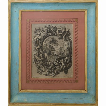 Jean  Le Pautre (Parigi 1618 - Parigi 1682)  - Putti grottesche e fauni racchiudente al centro paesaggio con personaggi in cornice di legno laccato