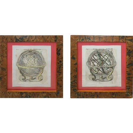 Coppia di incisioni raffiguranti globo terrestre e sfera armillare, 1772