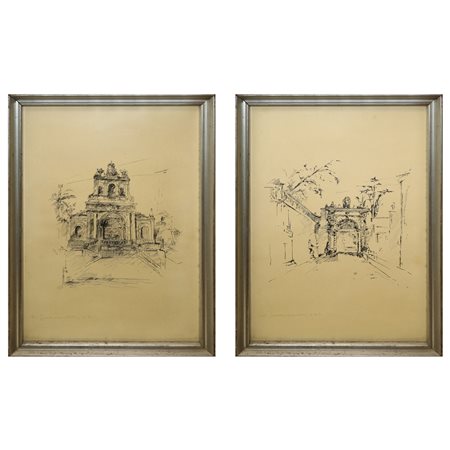 Nunzio Sciavarrello (Bronte 1918 - Catania 2013)  - Coppia di stampe : Prospetto di Sant'Agata al carcere Catania e Portale di villa Cerami Catania, 20th century