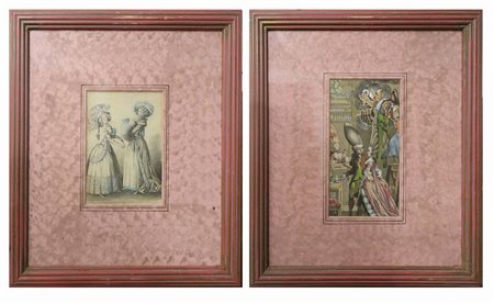Coppia di stampe raffiguranti abiti femminili e costumi del tempo, 19th Century