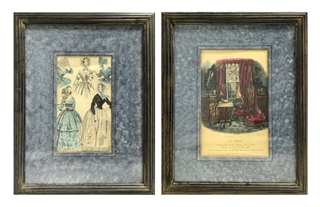 Coppia di stampe raffiguranti abiti di moda femminili e dimora 