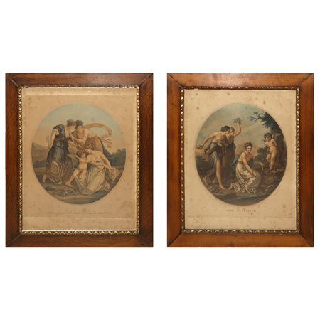 Coppia di stampe policrome raffiguranti scene mitologiche