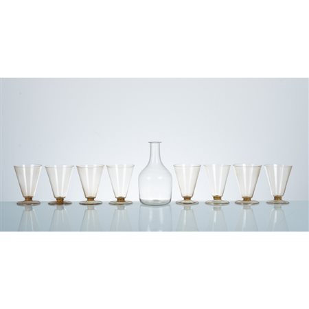 CARLO SCARPA, Bottiglia ed otto bicchieri in vetro