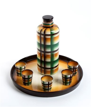 MANIFATTURA CERAMICA GALVANI, Set completo: bottiglia con tappo, 5 bicchieri da amaro e vassoio