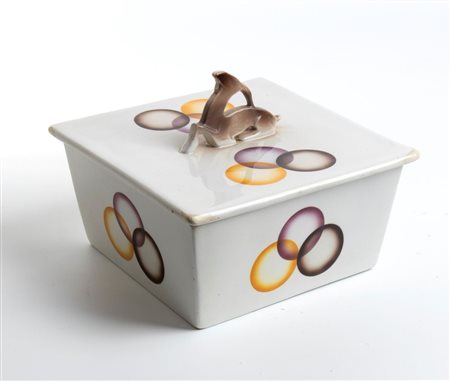 MANIFATTURA CERAMICA GALVANI, Scatola con manico zoomorfo attribuita a Angelo Simonetto