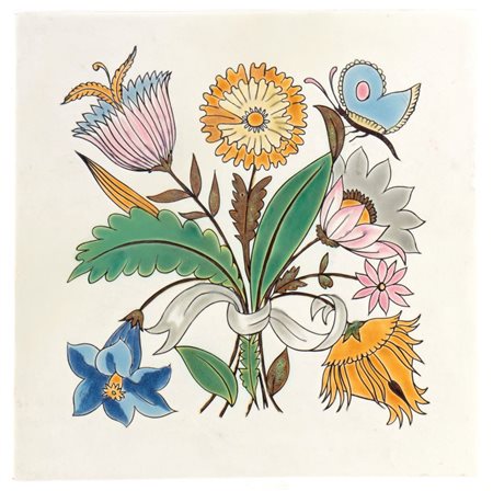 GIOVANNI GARIBOLDI, RICHARD-GINORI (Milano 1908 - 1971), Mattonella con decoro di fiori con farfalla