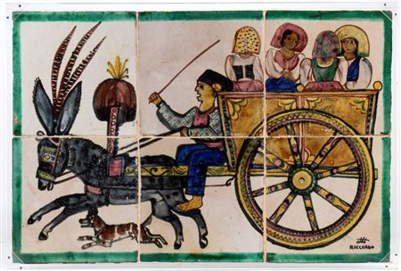 RICHARD DÖLKER (Schönberg 1896 - Kohlgraben 1955), Grande maiolica composta da sei mattonelle con decorazione di carro festoso
