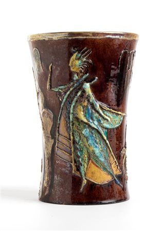 PIETRO MELANDRI (Faenza 1885 - 1976), Vaso policromo con decorazione a rilievo di figure femminili e motivi floreali