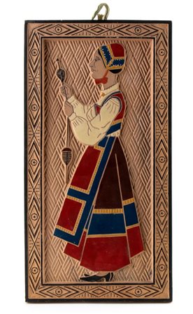 PAOLO LODDO (Orani 1903 - 1983), Tavola con filatrice in costume desulese a rilievo