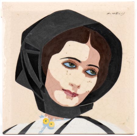 MELKIORRE MELIS (Bosa 1889 - Roma 1982), Mattonella con donna in costume tradizionale sardo