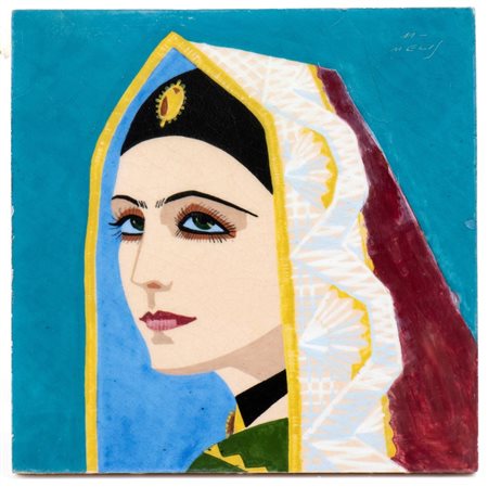 MELKIORRE MELIS (Bosa 1889 - Roma 1982), Mattonella con donna in costume tradizionale sardo