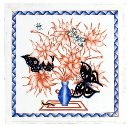 GIO PONTI (Milano 1891 - 1979), Mattonella con decoro di fiori, farfalle e bruco
