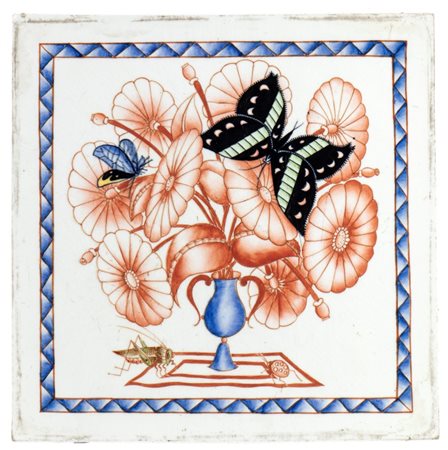 GIO PONTI (Milano 1891 - 1979), Mattonella con decoro di fiori, farfalle e cavalletta