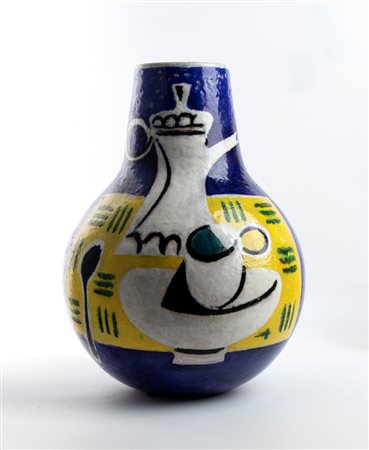 GUERRINO TRAMONTI (Faenza 1915 - 1992), Grande vaso con decorazioni blu e gialle