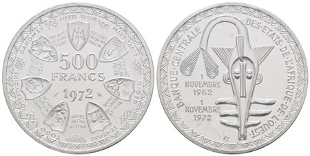 AFRICA OCCIDENTALE CFA. 500 franchi 1972, KM E7; Ag; 25gr. FDC