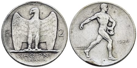 ALBANIA. 2 franga 1926. Ag; 10gr; KM 7; Raro; BB/SPL, leggera traccia di appiccagnolo.