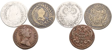 AUSTRIA. Maria Teresa d'Asburgo (1740-1780). Interessante lotto d 3 monete da 1 pfennig Cu, 20 kreuzer Ag. Date e conservazioni varie.