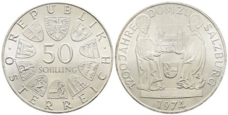 AUSTRIA. 50 scellini 1974 "1200 anni del duomo di Salisburgo". KM 2921; Ag; 20gr. FDC
