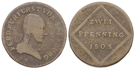 SALISBURGO. Ferdinando III di Lorena (1803-1806). 2 pfennig 1805. Cu; 2,75gr; KM 490; Raro; MB
