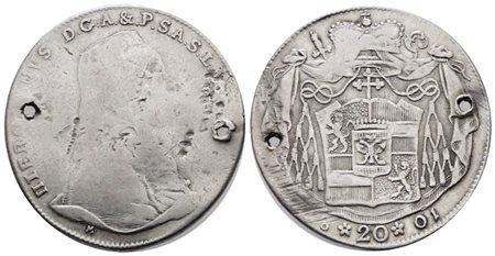 SALISBURGO. Geronimo da Colloredo. 20 kreuzer 1801. KM 460; Ag; 6,47gr; due forellini. B