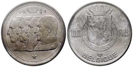 BELGIO. Baldovino (1948-1993). 100 franchi 1954. KM 139; Ag; 18gr. FDC