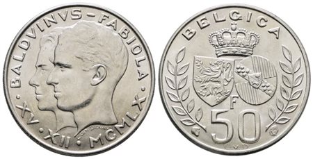 BELGIO. Baldovino (1948-1993). 50 franchi 1960 "Nozze". KM 152; Ag; 12,5gr. FDC