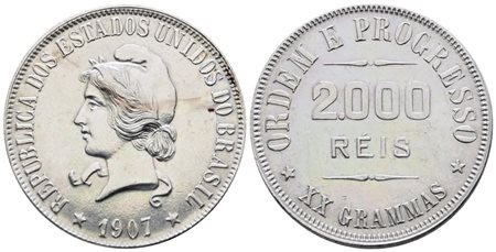 BRASILE. 2000 reis 1907. KM 508; Ag; 20gr. SPL