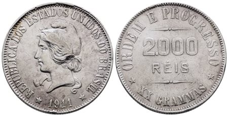 BRASILE. 2000 reis 1911. KM 508; Ag; 20gr. SPL