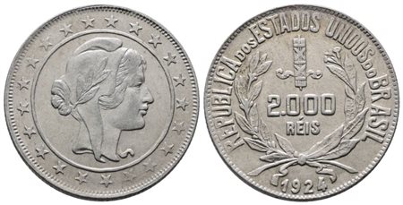 BRASILE. 2000 reis 1924. KM 526; Ag; 8gr. SPL