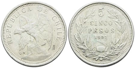 CILE. 5 pesos 1927. Ag; 25gr; KM 173; SPL/FDC