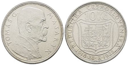 CECOSLOVACCHIA. 10 corone 1928 "10° anniversario dell'indipendenza". KM 12; Ag; 10gr. qFDC
