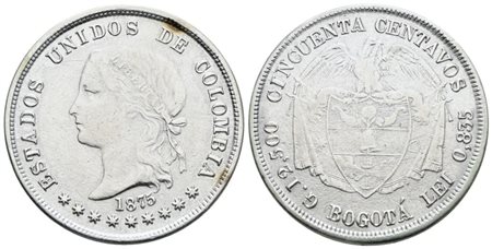 COLOMBIA. 50 centavos 1875. Ag; 12,5gr; KM 177; BB