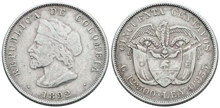 COLOMBIA. 50 centavos 1892. Ag; 12,5gr; KM 187; BB
