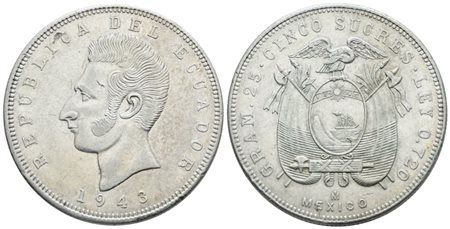 ECUADOR. 5 sucres 1943. Ag; 25gr; KM 79; SPL
