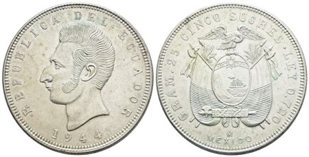 ECUADOR. 5 sucre 1944. Ag; 25gr; KM 79; SPL