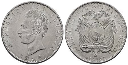 ECUADOR. 2 sucres 1944. KM 80; Ag; 10gr. SPL
