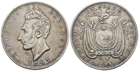 ECUADOR. 1 sucre 1897. Ag; 25gr; KM 53; BB/SPL