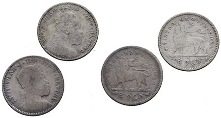 ETIOPIA. Menelik II (1889-1913). Lotto di due monete da 1/20 birr 1889. KM 13; Ag; 1,40gr. MB