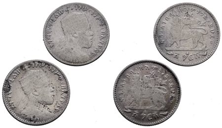 ETIOPIA. Menelik II (1889-1913). Lotto di due monete da 1/20 birr 1889. KM 13; Ag; 1,40gr. MB 