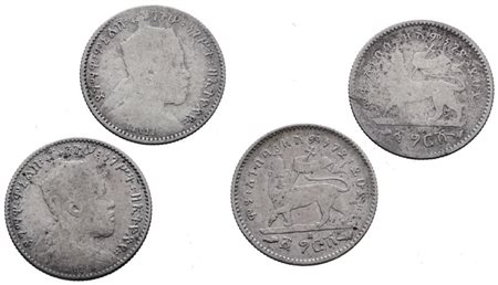 ETIOPIA. Menelik II (1889-1913). Lotto di due monete da 1/20 birr 1889. KM 13; Ag; 1,40gr. MB
