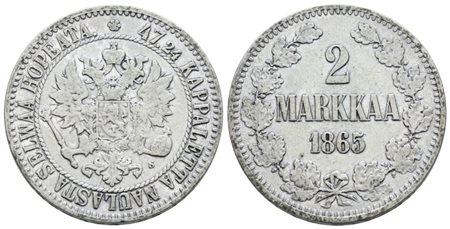 FINLANDIA. Alessandro II (1855-1881). 2 markkaa 1865. Ag; 10,37gr; KM 7.1; BB+