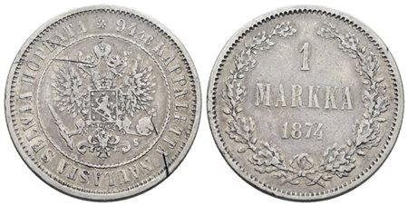 FINLANDIA. Alessandro II (1855-1881). 1 markka 1874. Ag; 5,18gr; KM 3.2; BB, graffio al d.